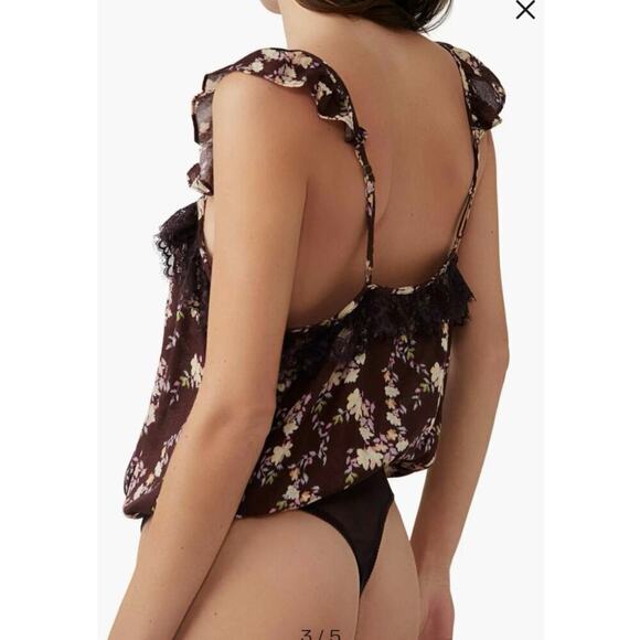 Intimately Free People Chocolate Brown Floral Ruffle Strap Tank Bodysuit Size XS - Picture 3 of 15